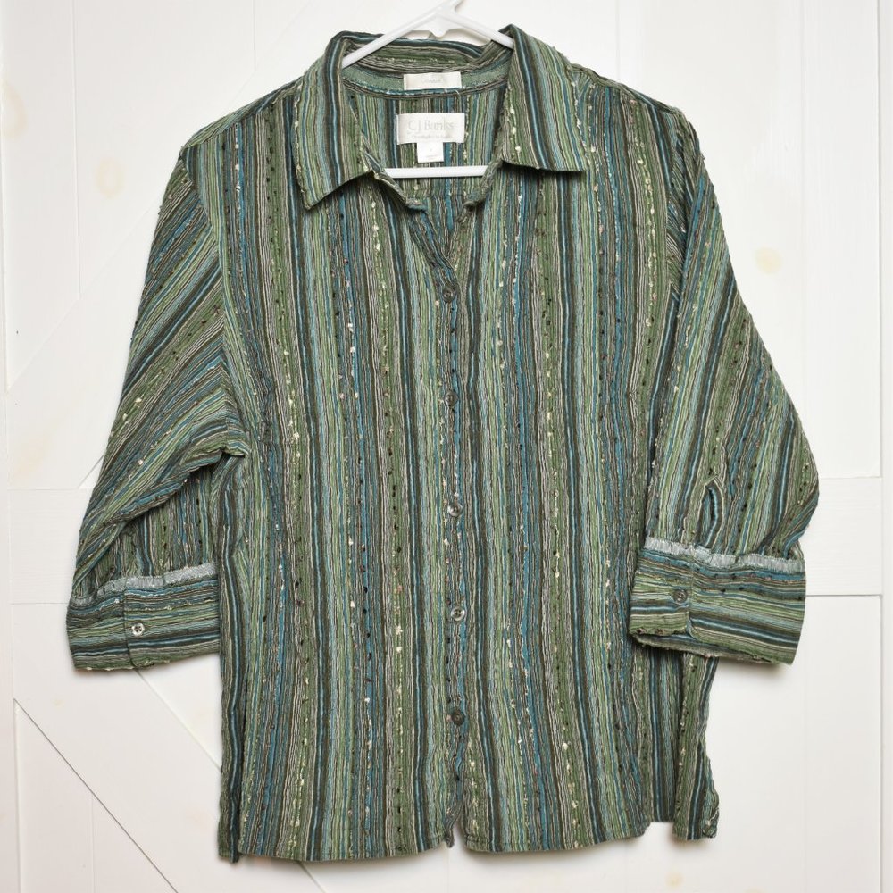 CJ Banks stretch button up blouse top 1/2 sleeve collar stripe green plus size X